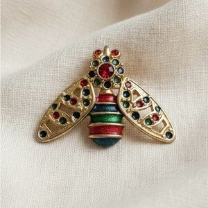 Vintage Bee Brooch Gold Tone Enamel Rhinestone Insect Pin Red Green Blue